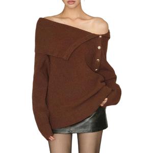 ZAFUL Women's Off The Shoulder Sweater Pullover Knit Cardigan Long Sleeve Loose Going Out Tops (Brown, M)