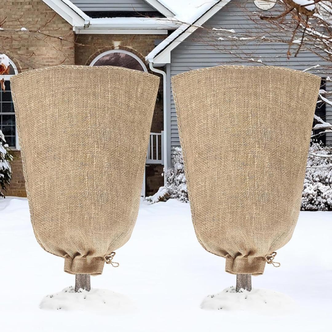Riare 2 Packs 24 x 40 Inch Burlap Winter Plant Cover Bags with Drawstring- Reusable Large Burlap Sack Plant Frost Protector, Plant Frost Cloth Cold Tree Freeze Blanket for Outdoor Plants Shrubs Fruit