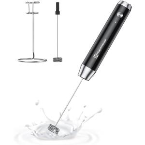 Maestri House Rechargeable Milk Frother with Stand, LunaFro Handheld Electric Foam Maker, Waterproof Detachable Stainless Steel Whisk Drink Mixer Foamer for Lattes, Cappuccino (Black)