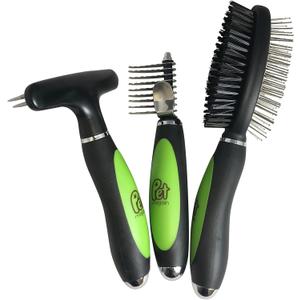 Professional Grooming Brushes (Pack of 3) Double Sided Brush, Long Tooth Undercoat Dog Rake & De-Matting Comb for Dogs, Cats & Other Animals, Green & Black (DogBrushesTop)