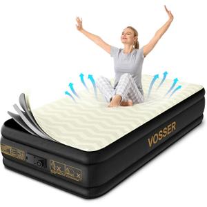VOSSER Twin Air Mattress with Built in Pump,Foam Topper Blow up Mattress | Foam Topper Blow Up Mattress,40%Thicker PVC,Water/LeakProof,Flocked,3Min Inflate,10Yr Support,NonSlip Silent,Home Guests, Twin 15 inch