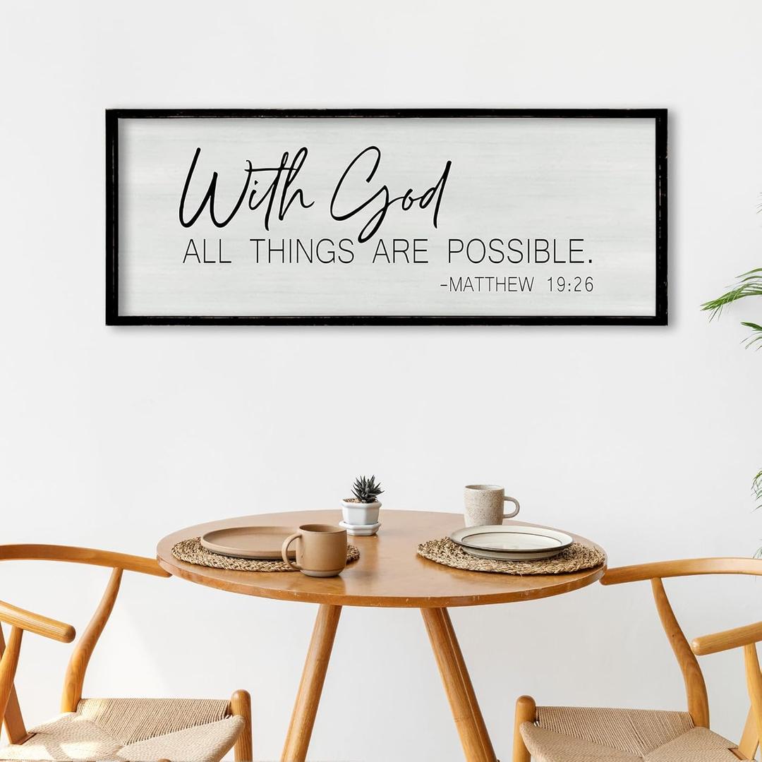 ZZJJHYWGQ Bible Verse Wall Decor With God All Things Are Possible 32"×12" Christian Religious Home Inspirational Print Catholic Sign for Living Room Religious Faith Large Hanging Art (Black)