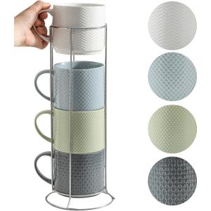 Hasense Coffee Mugs,15oz Coffee Cups Set of 4 with Stackable Storage Rack, Durable Porcelain, Microwave & Dishwasher Safe, Space-Saving Mug Set for Kitchen and Office, Multi Color