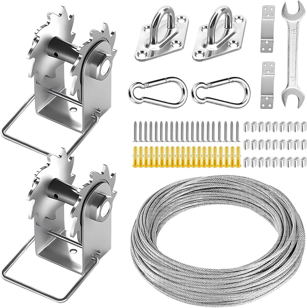 FZENeast Shade Sail Hardware Kit Include Winches & Wire Rope,Anti-Rust Stainless Steel Sun Shade Hardware Kit for Rectangle Square Triangle Shade Sail Installation(75 PCS)