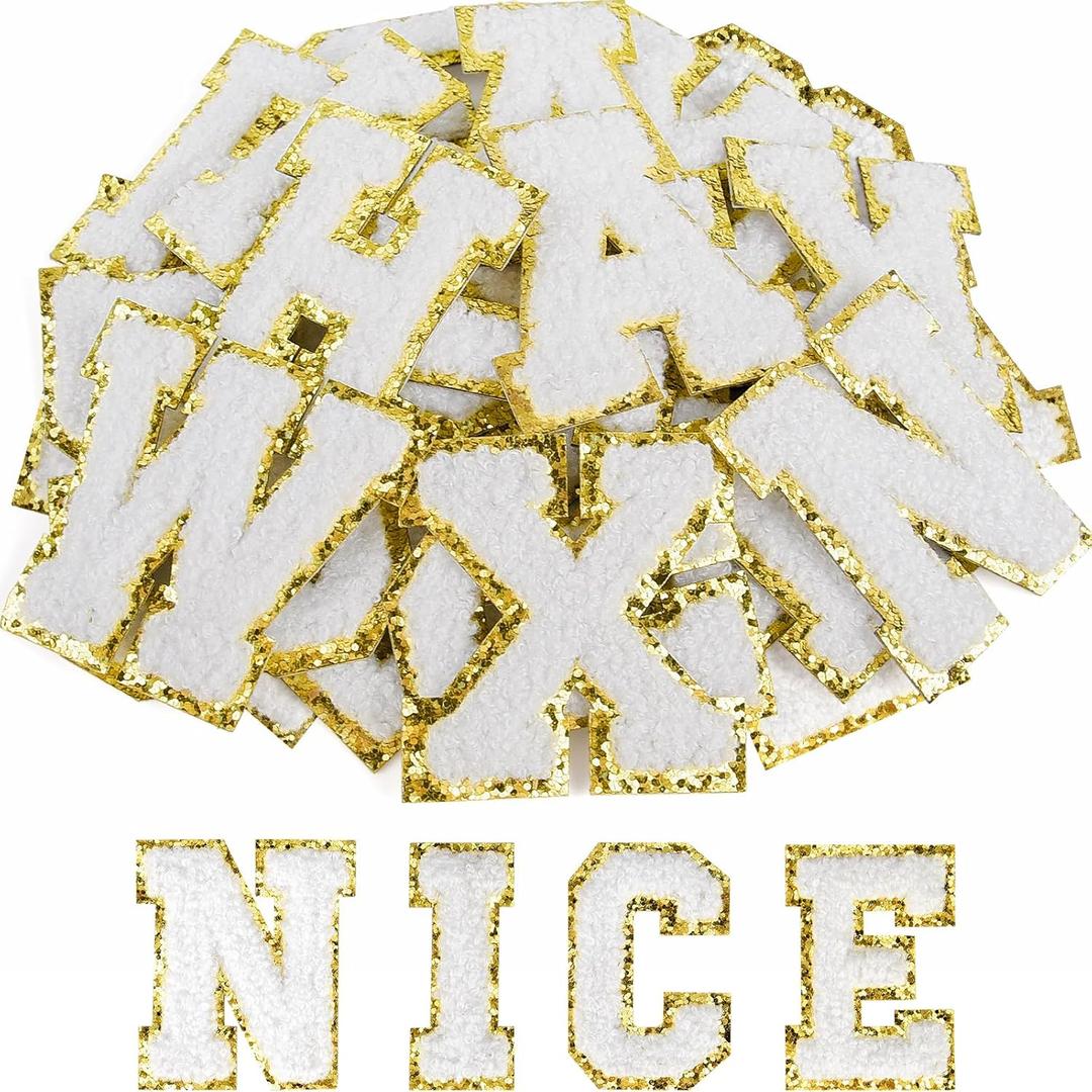 ASTARON 26 Pcs Self Adhesive Letter Patches Chenille Letters Stickers, A-Z Embroidered Applique Patches Alphabet Cloth Patch for Clothes, Bags, Hat, Phone Case, DIY Accessories (White)