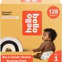 Hello Bello Premium Diapers, Size 1 (8-12 lbs) Surprise Pack for Boys - 128 Count, Hypoallergenic with Soft, Cloth-Like Feel - Assorted Boy & Gender Neutral Patterns