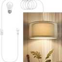 Plug in Pendant Light, 15FT White Cord Hanging Lights with Plug in Cord, Hanging Light with On/Off Switch, Double Linen Shade Fabric Design, Pendant Llight Fixture for Bedroom Restaurant Beige