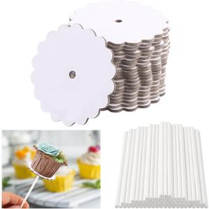 100 Set Scalloped Cake Pop Boards with Cake Pops 2 Inch Round White Scalloped Mini Cupcake Base Cardboard or Birthday Party Wedding Cupcakes Pastries Desserts