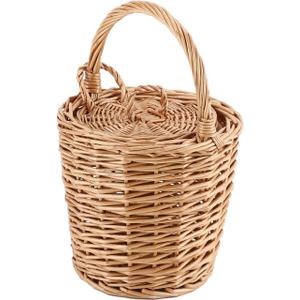 Small Wicker Basket, Round Storage Bin with Handle and Lid for Cell Phones Toys Sundries