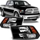 Headlights Assembly For 2009-2018 Dodge Ram 1500 2500 3500, Fit For 09-18 Ram Quad or Dual Style Halogen Headlamp, Black Housing Amber Corner Head Lights Set Replacement Pair