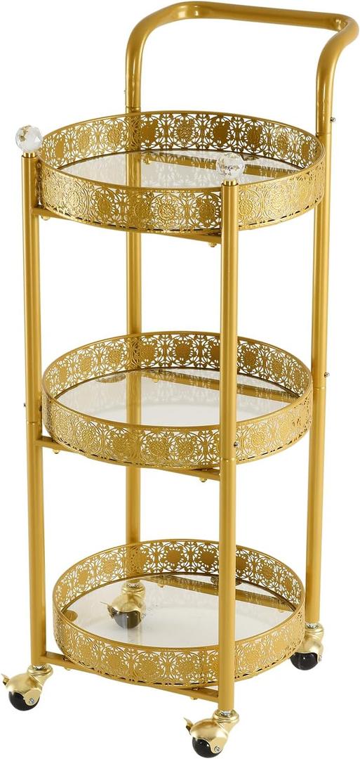 Multi-Functional Mobile Trolley Golden bar cart is Suitable for Home bar Service, Featuring a Rolling bar cart with Lockable casters, a Glass bar cart with 3 Mirror Holders