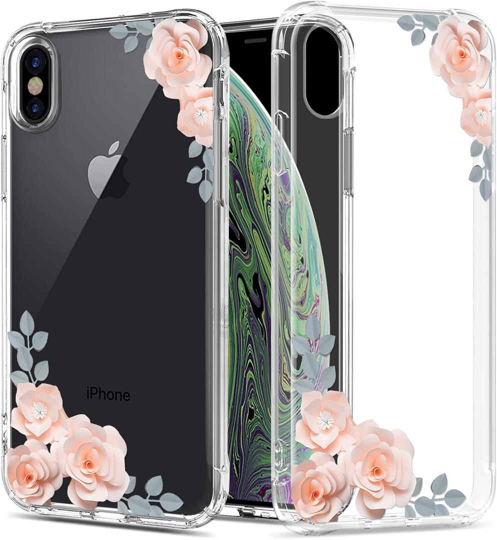 Floral Clear Pretty Phone Case for iPhone Xs/iPhone X 5.8 Inch for Women/Girls,Flower Design Transparent Slim Soft TPU Shockproof Drop Protection Silicone Cover Shell,FL-24