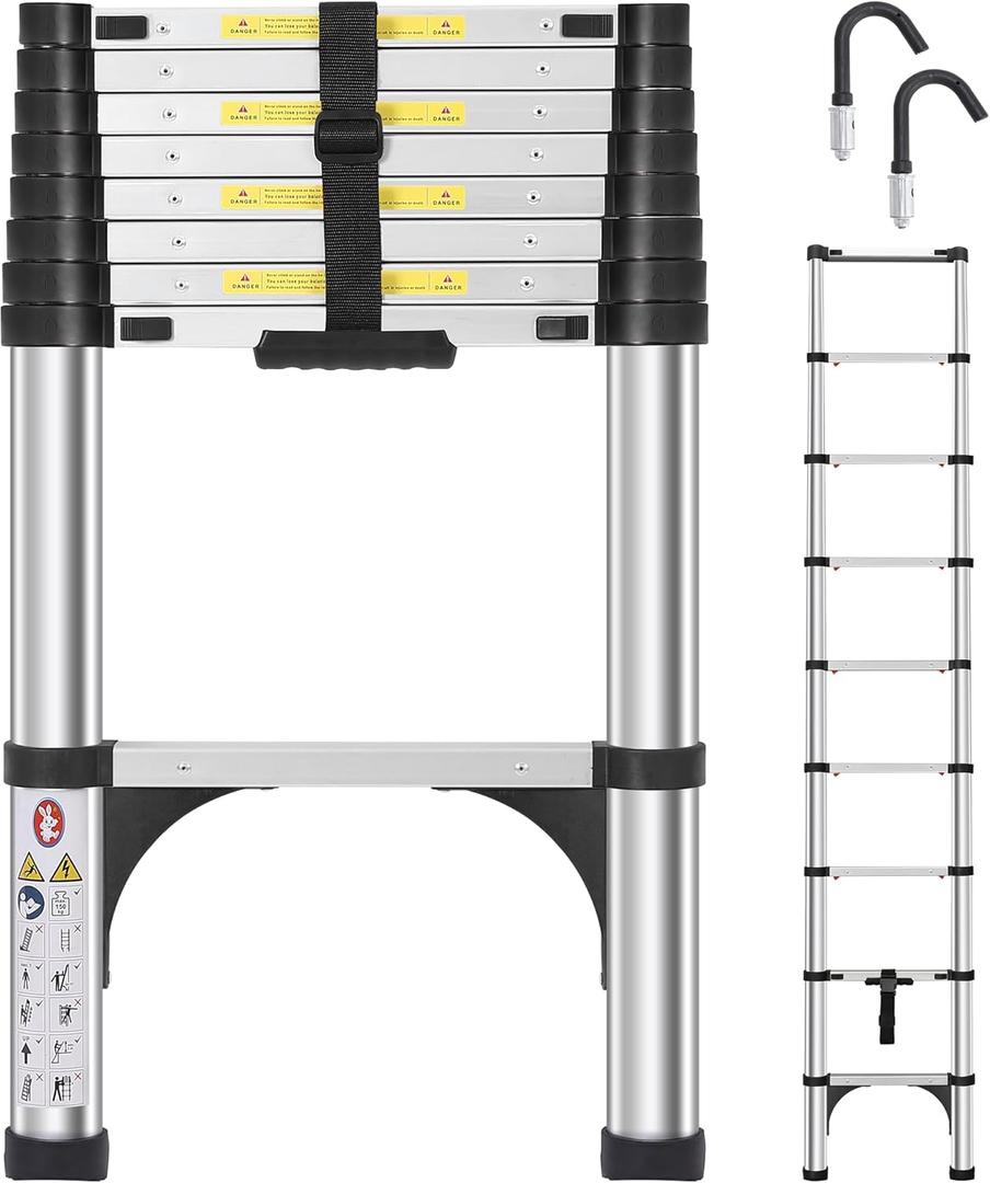 Telescoping Ladder 8.5 FT, Aluminum Lightweight Extension Ladder with 2 Triangle Stabilizers and 2 Detachable Hooks, Safety Lock Slow Down Design Collapsible Telescopic Ladder for Home Outdoor (Silvery(one-button))