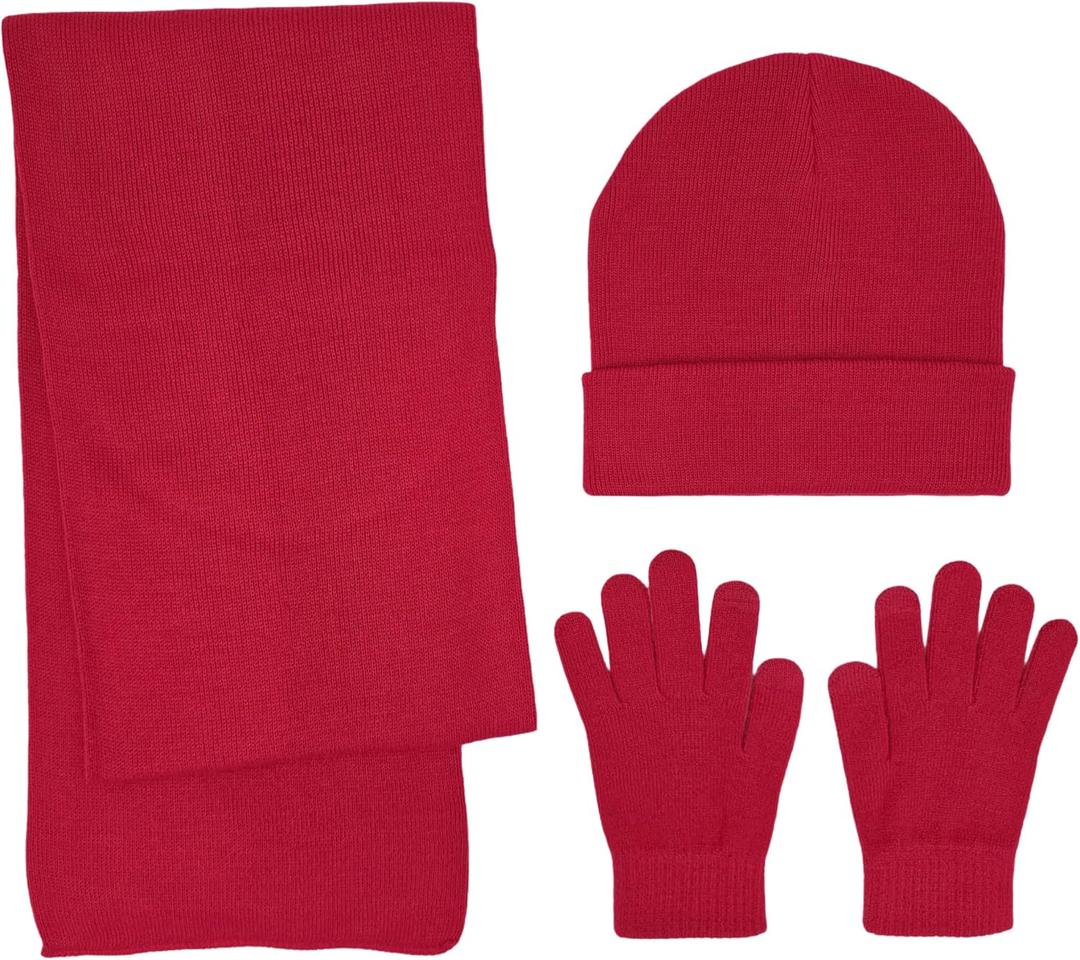 BRUCERIVER Winter Knit Scarf Beanie Touchscreen Gloves 3PCS Set for Men and Women (Red)
