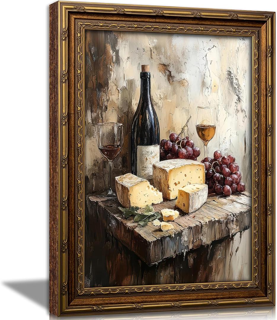 Vintage Gold Framed Canvas Wall Art Farmhouse Rustic Kitchen Painting Picture Wall Decor Retro Country Red Wine Bread Grape Poster Print Artwork for Dining Room living room Home Decoration, 24"L x 16"W
