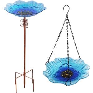 hogardeck 2 in 1 Floral Glass Bird Bath & Feeder - Hanging or Freestanding Outdoor Bird Bath with Sturdy 5-Pronged Base for Garden, Patio, Yard, Lawn Decor