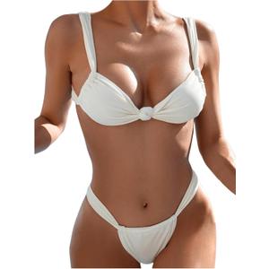 GORGLITTER Women's High Cut Thong String Swimsuit Triangle Knot Bikini Set Cute Summer Bathing Suit (Beige)