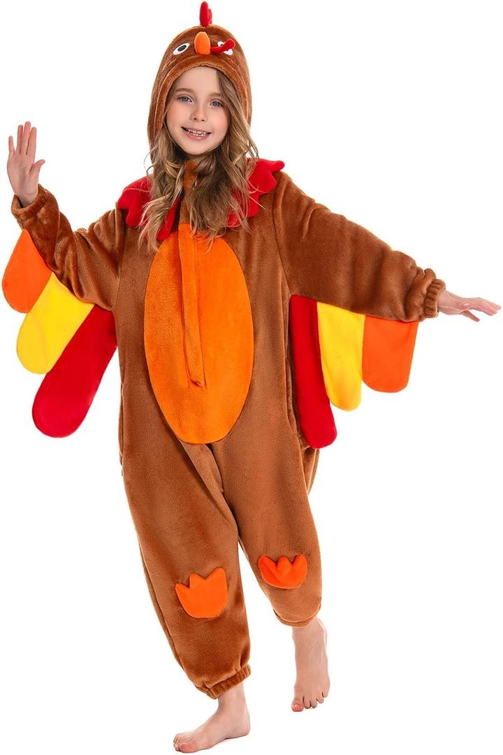 OLAOLA Kids Animal Onesie, Unisex Onesies, Plush Cosplay Pajamas for Girls Boys, One-Piece Sleepwear Halloween Costume (7-9 Years, Turkey)