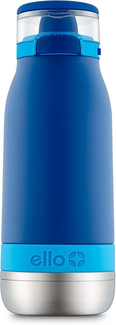 Ello Emma 14oz Vacuum Insulated Stainless Steel Kids Water Bottle with Straw and Built-in Carrying Handle and Leak-Proof Locking Lid for School Backpack, Lunchbox and Outdoor Sports, Touchdown Blue