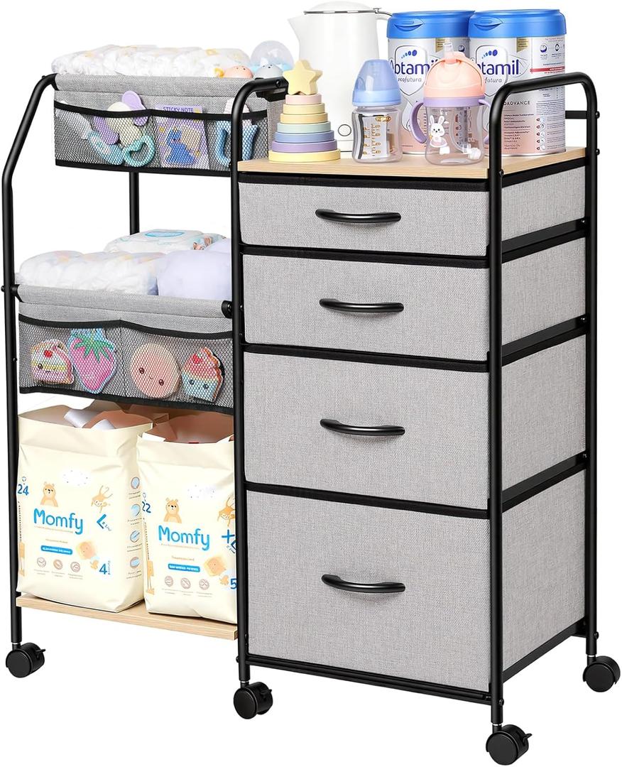 Fabuday Baby Diaper Caddy Organizer Cart - 4 Tier Rolling Diaper Cart with Wheels, Baby Essentials Organizers and Storage, Mobile Utility Carts for Bedside, Crib Nursury, Bedroom, Changing Table (Grey)