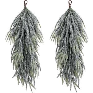 2 Pcs Artificial Christmas Snow Teardrop Swag, 28" Faux Glitter Snow Flocked Norfolk Pine Teardrop Door Swag, White Frosted Real Touch Pine Wreath Staircase Swags for Xmas Door Mantle Fireplace Decor