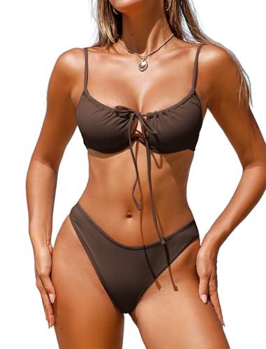 Jillumi Bikini Sets for Women Underwire Bathing Suit Two Piece Swimsuit High Cut Cheeky Cute Swimwear Coffee, S
