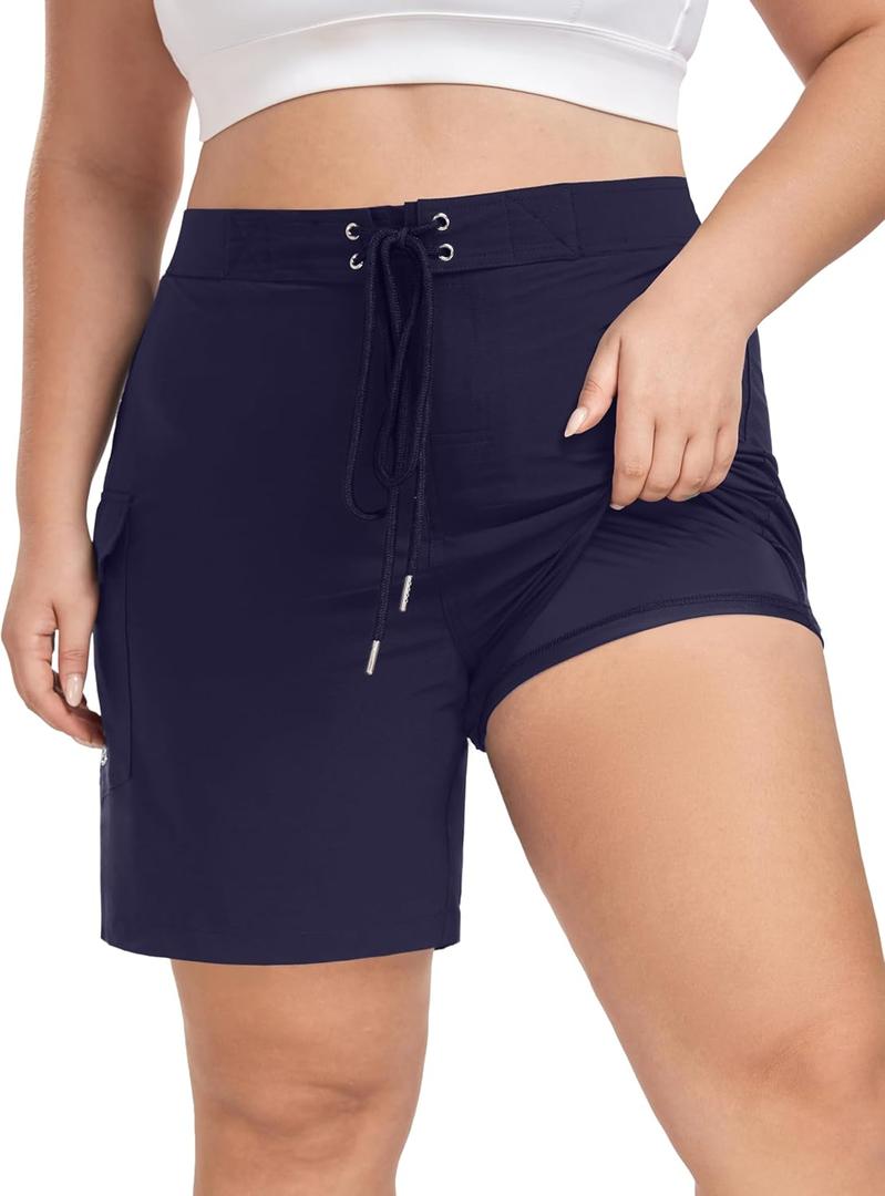 FOREYOND Women's Plus Size Board Shorts Quick Dry Swim Shorts High Waisted Swim Pants with Pockets Liner Trunks (3X-Large Plus, Navy)