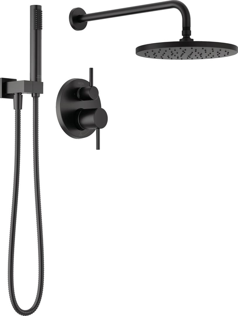 Delta Faucet Modern Raincan 2-Setting Shower Round System Including Rain Shower Head and Handheld Spray Black, Rainfall Shower System Brushed Black, Shower Valve Trim Kit, Matte Black 342702-BL