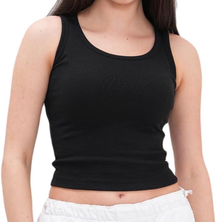 Women's Sleeveless Full Length Ribbed Fitted Racerback Workout Crew High Neck Basic Tank Top - (Black,L)