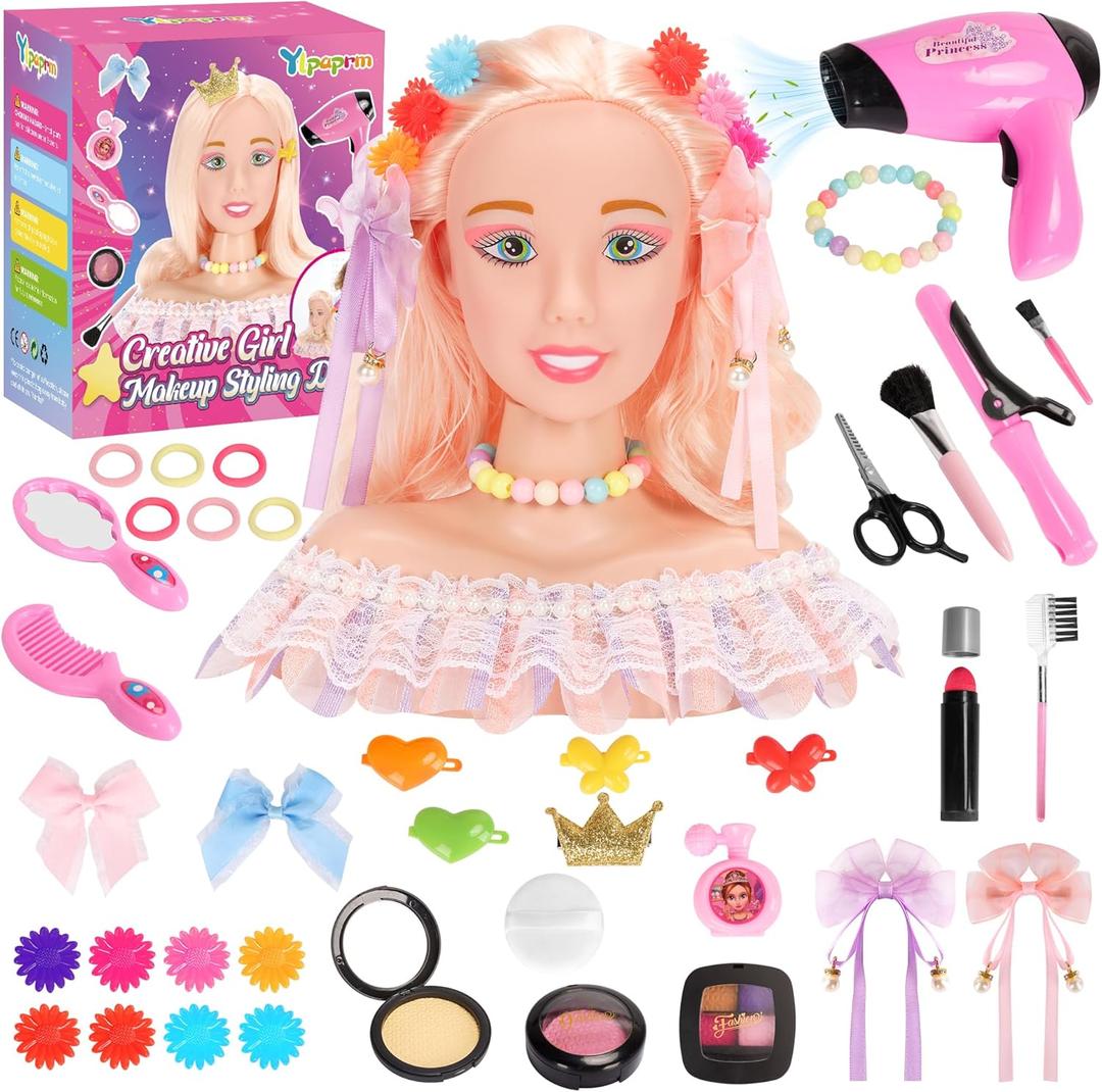 Ylpaprm4.14.1 out of 5 stars(66)41PCS Deluxe Doll Head for Kid Girl, Hair Styling Makeup Salon Doll Toy, Pretend Play Hair Styling Kit with Hairdryer Curling Iron Eye Shadow Powder Hair Clip Set Birthday for 8+ Child