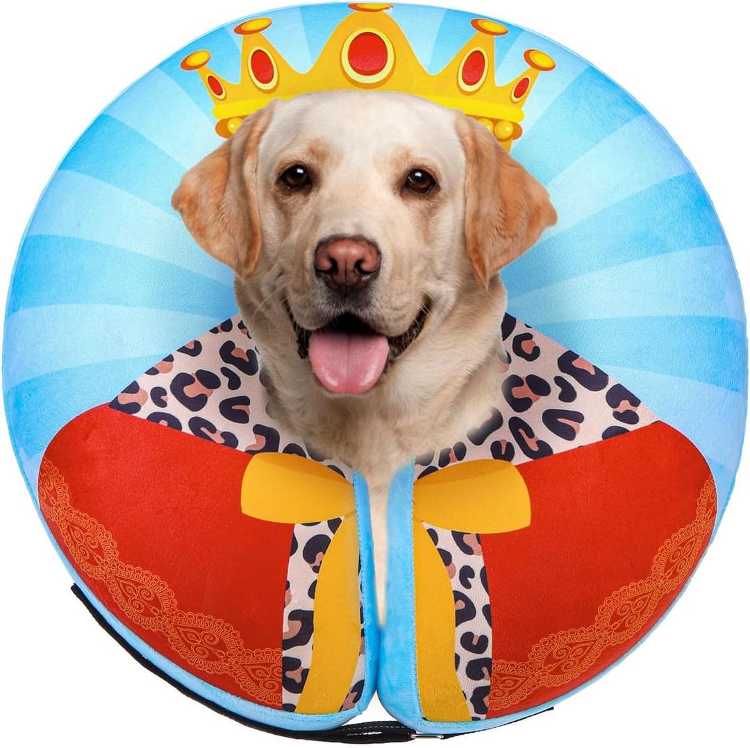 SCENEREAL Dog Cone Alternative After Surgery Donut Collar, Soft Pet Recovery Pillow Collar for Medium Large Dogs, Inflatable Adjustable Neck Collars to Prevent Licking, King Print E-Collars XL (Blue, XL)