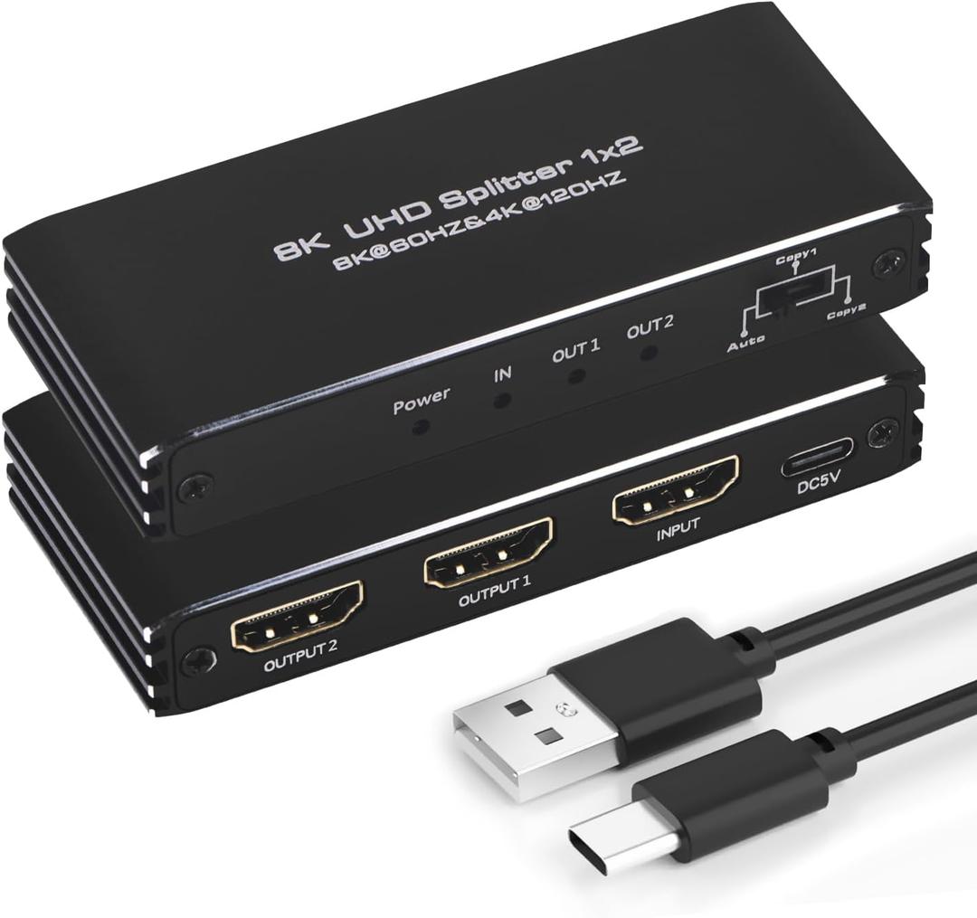 8K@60Hz HDMI Splitter 1 in 2 Out, 1x2 HDMI 2.1 Splitter Support 4K@120Hz, 1080P@240Hz VRR HDCP2.3 HDR HDR10 48Gbps EDID Dolby Atmos 7.1ch