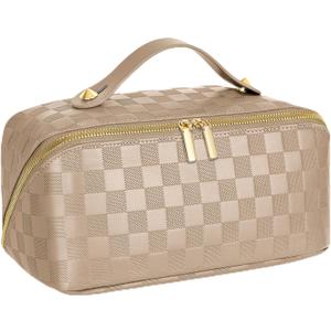 Large Capacity Travel Cosmetic Bag - Portable Makeup Bags for Women Waterproof PU Leather Checkered Makeup Organizer Bag with Dividers and Handle,Toiletry Bag for Cosmetics (Medium, khaki)