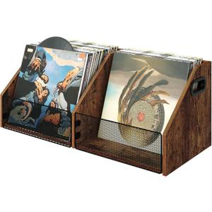 Vinyl Record Storage Double-Compartment 27.6" Record Holder with Metal Mesh File Organizer, Photo Album Storage Box, for Records, Photo Albums, Magazines, Rustic Brown TCW20BF