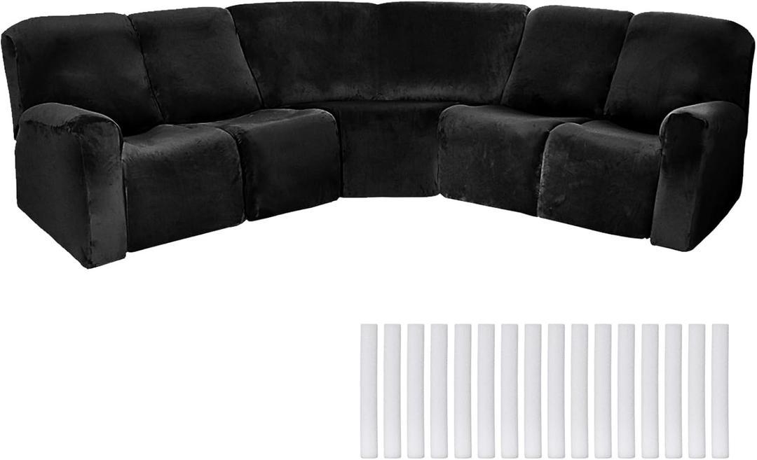 Peryiter 7 Pcs L Shape Sectional Recliner Sofa Covers 5 Seat Sectional Couch Covers Milk Silk Velvet Stretch Reclining Sofa Slipcover Furniture Protector for Living Room(Black,Velvet)