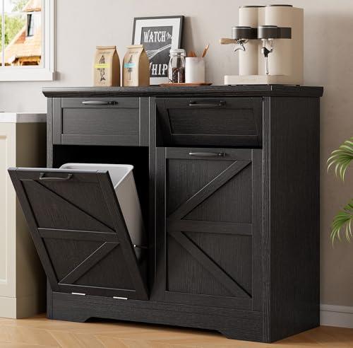 Double Tilt Out Trash Can Cabinet, 2x10 Gallon Farmhouse Hidden Garbage Recycling Bin with Drawer, Freestanding Wooden Pet Proof Trash Cabinet & Laundry Hamper for Kitchen, Living Room, Black