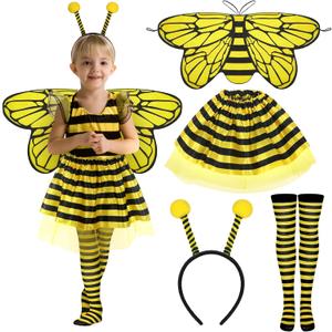Newcotte 4 Pcs Halloween Girls Costume Includes Wings Tutu Headband Striped Tights for Kids Toddler Halloween