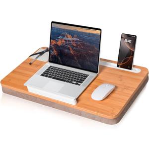 wishacc Oversized Bamboo Lap Desk with Phone/Tablet Slots & Cushion Pillow  Extra-Large Portable Laptop Stand for Home, Office, Bed, Car (Large 24*14 in, Wood)