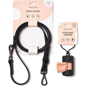 Wild One Nylon Adjustable Length Leash 5.5 Feet and Poop Bag Carrier Set, Waterproof, Odor Resistant, Black (Large)