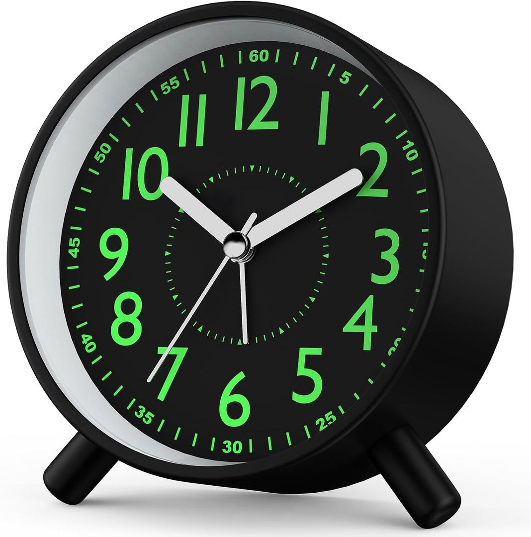 Retro Analog Alarm Clock with Night Light, Battery Operated, Easy to Set - Ascending Alarm, Snooze, Simple Round Metal Design for Bedroom, Desk, Bedside, Travel, Kids, Adults, Heavy Sleepers (Black)