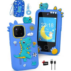 Kids Phone for Boys, Dinosaur Toy Phone Christmas Birthday Gifts for Boy Ages 3-10, Toddler Learning Phones with Touchscreen, 44 Game, Dual Camera, Music Player, 32GB Card & Dino Bag (Blue)
