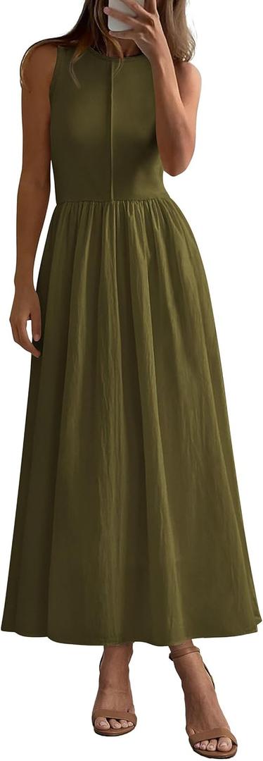 PRETTYGARDEN Maxi Dresses for Women 2026 Summer Casual Sleeveless Patchwork Flowy Vacation Sundress Knit Long Work Tank Dress (Army Green, Small)