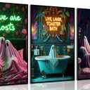 3Pcs Halloween Neon Bathroom Wall Art Tropical Ghost Dying To Relax Painting Picture Wall Decor Fashion Funny Gothic Ghost Toaster Poster Print Artwork For Apartment Living Bedroom Home Decoration (16L" x 12W")