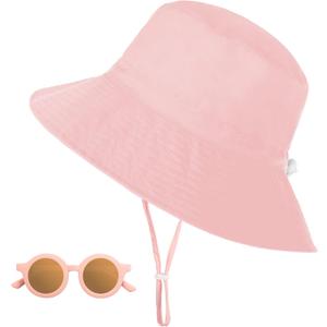 Baby Sun Hat with Sunglasses, UPF 50+ Wide Brim Kids Bucket Hat with Neck Protection, Adjustable Beach Hats for Boys & Girls (Pink)
