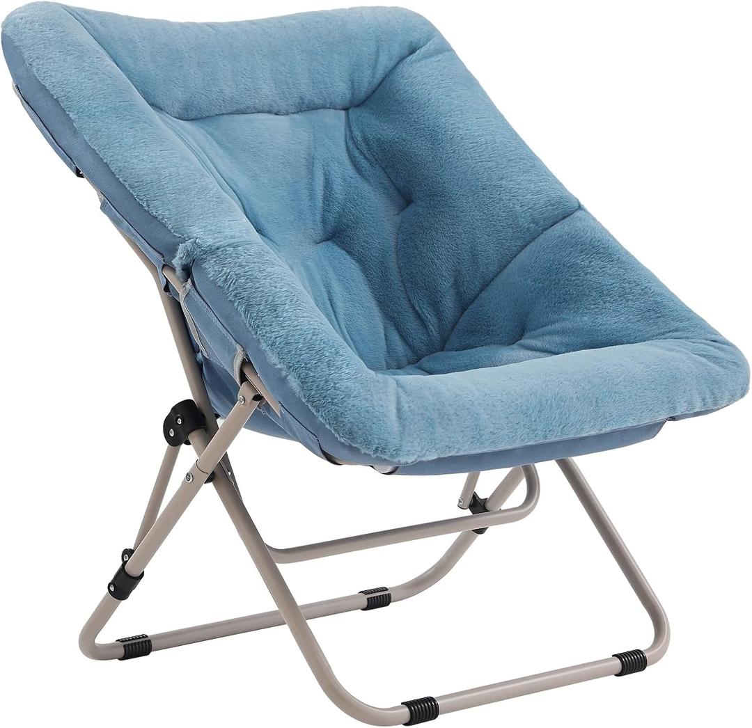 Tiita Comfy Saucer Chair, Soft Faux Fur Oversized Folding Accent Chair, Lazy Chair for Teens Adults, Metal Frame Moon Chair for Bedroom, Living Room, Dorm Rooms, X-Large, Blue, without Ottoman