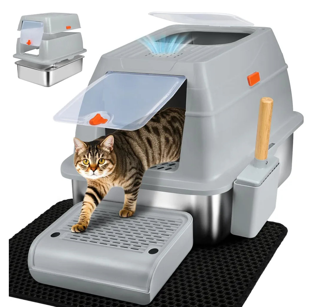SZEE XL Stainless Steel Litter Box, Top Exit Design, Non Stick, No Smell, Easy Cleaning, Activated Charcoal Odor Control Design, Half/Fully Enclosed Design, Footboard, Trapping Mat & Scoop Included