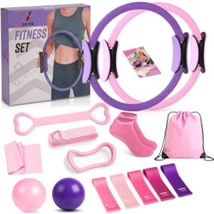 15PCS Pilates Ring and Ball Set -Home Pilates Kit with 14'' & 12'' Rings, 2 Pilates Ball and Ring Kit, Strap, Socks & 5-Level Resistance Bands, Essential Equipment Pilates Kit for Home Workouts