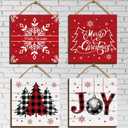 Beeveer 4 Pcs Merry Christmas Sign Buffalo Plaid Wood Wall Hanging Christmas Wooden Door Sign Farmhouse Plaque Tree Decorations Set Wall Pediments for Front Xmas Home Door Decor