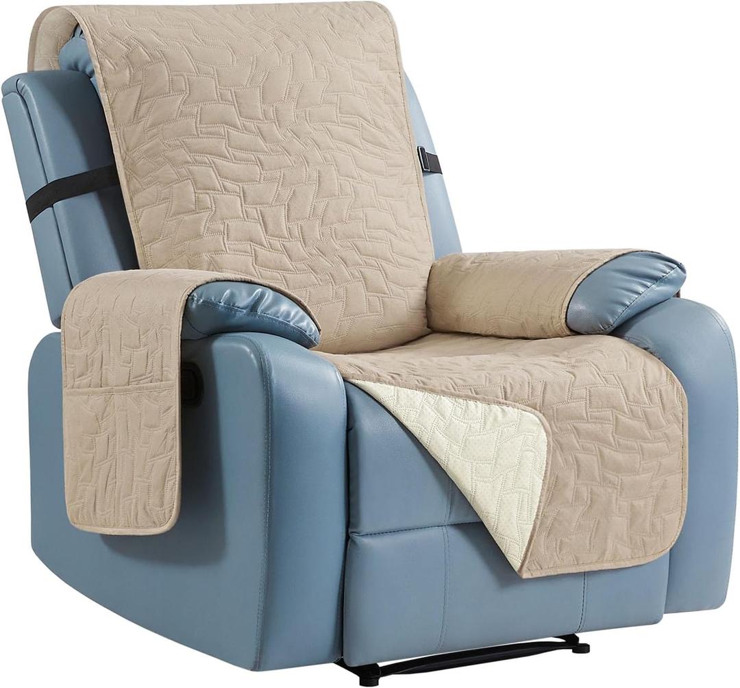 CUCRAF Non Slip Quilted Sofa Cover, Water Resistant Slipcover Furniture Protector for 1 Cushion Sofa Pet Friendly, Washable Couch Cover with Adjustable Elastic Straps (Medium Recliner, Beige)