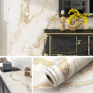 Livelynine 15.8x394 Marble Peel and Stick Wallpaper Off White and Gold Marble Countertop Contact Paper Waterproof Kitchen Counter Top Vinyl Wrap Heat Resistant Removable Desk Wallpaper Granite Covers